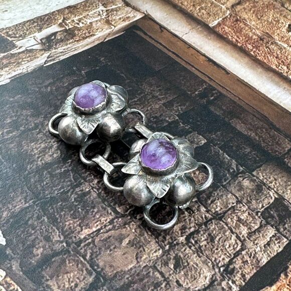 Unique Vintage Sterling Silver Flower Floral Links Amethyst Brooch Pin Mexico 2" - Picture 8 of 14